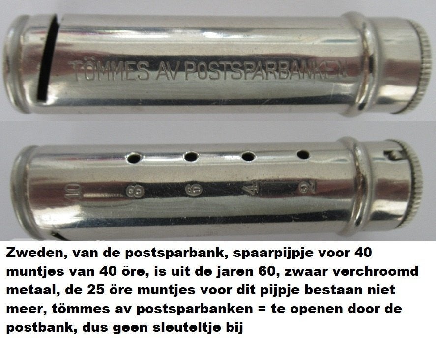 Zweedse postsparbanken, spaarpijpje jaren 50/60, chroom, Ophalen of Verzenden, Gebruikt, Metaal of Blik, Overige thema's