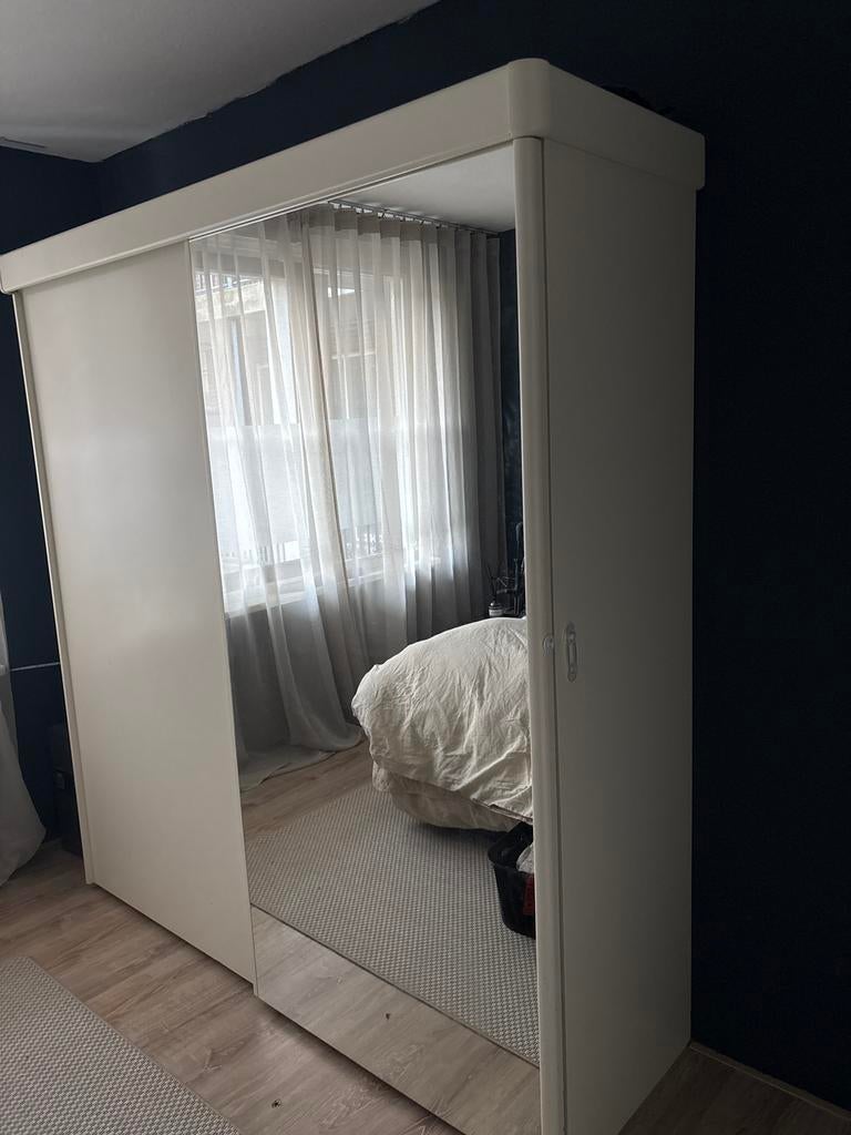 Vintage Kledingkast Gebroken Wit met Spiegel en Schuifdeur, Ophalen, Gebruikt, 200 cm of meer, 150 tot 200 cm