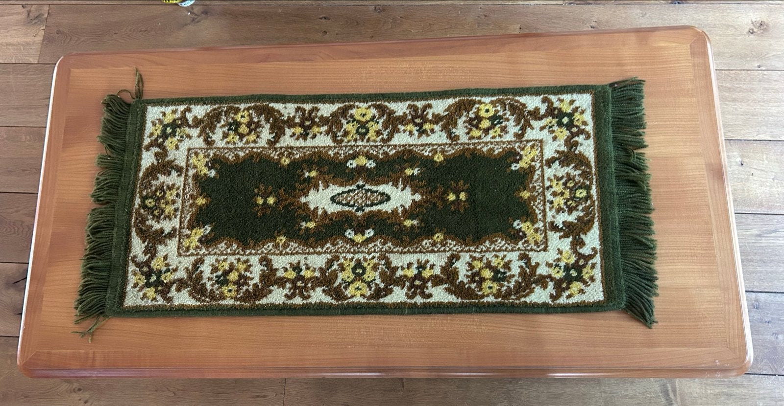 Vintage tapijt kleedje, groen/bruin/geel, Minder dan 50 cm, Gebruikt, 50 tot 100 cm, Vintage