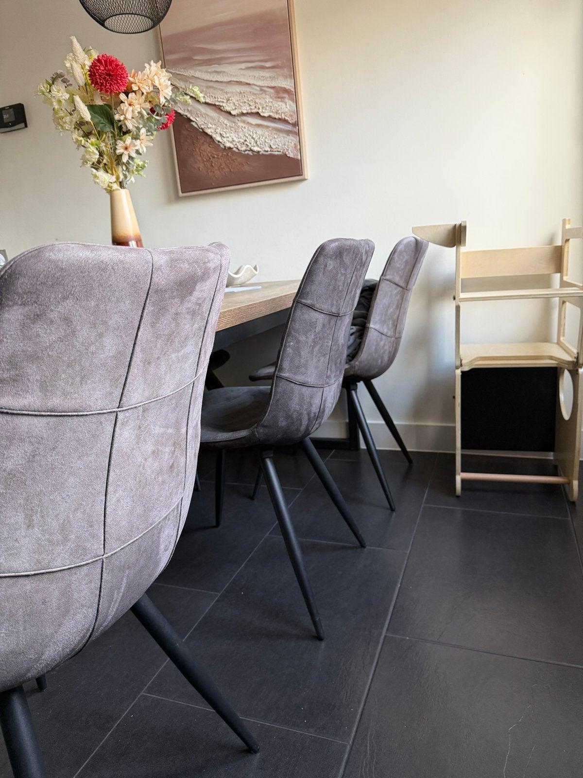 6 eetkamerstoelen in grijs en taupe, Huis en Inrichting, Ophalen, Gebruikt, Overige kleuren, Stof