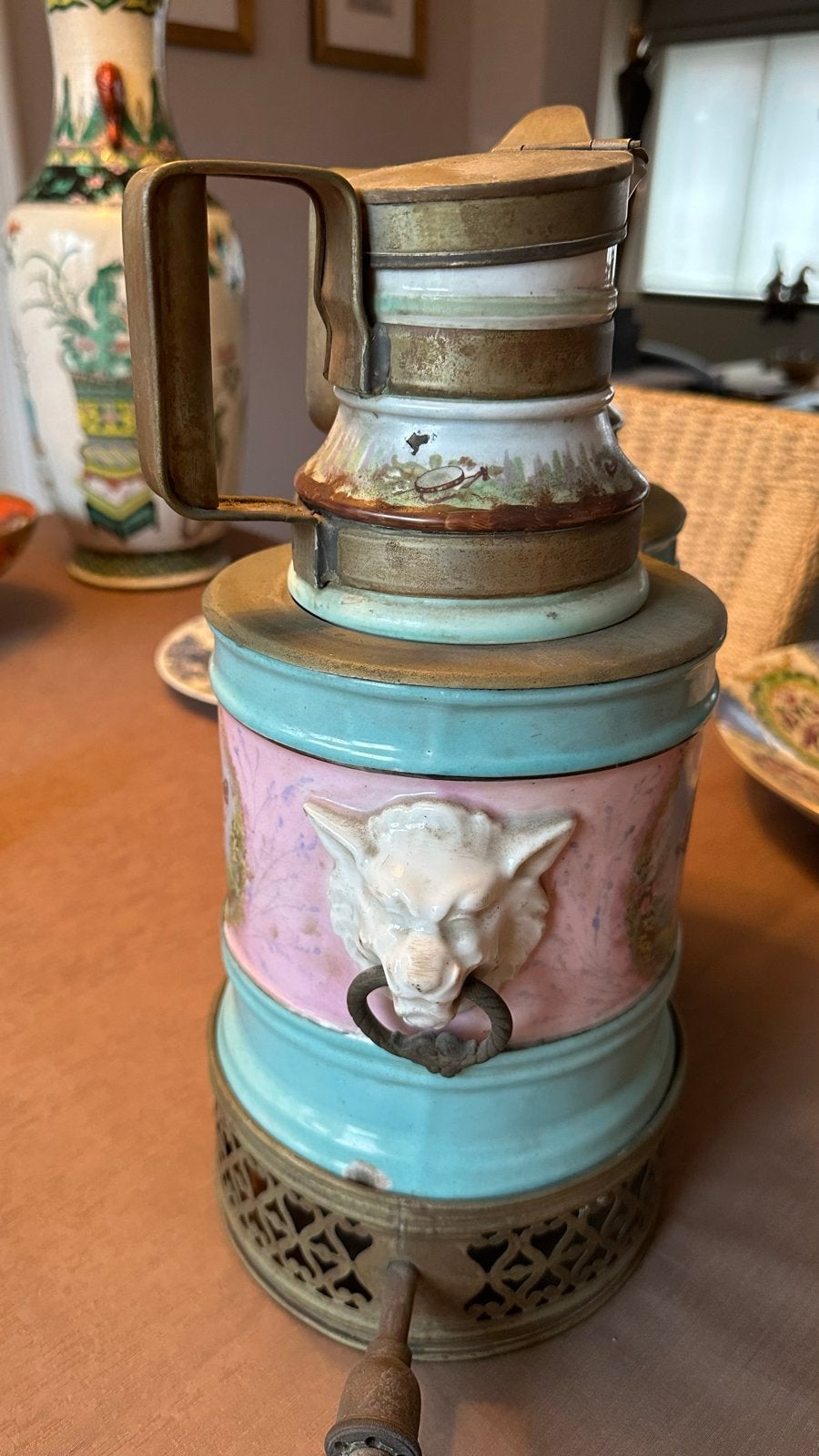 Antieke dubbele chocoladekan met engeltjesdecor, Antiek en Kunst, Ophalen