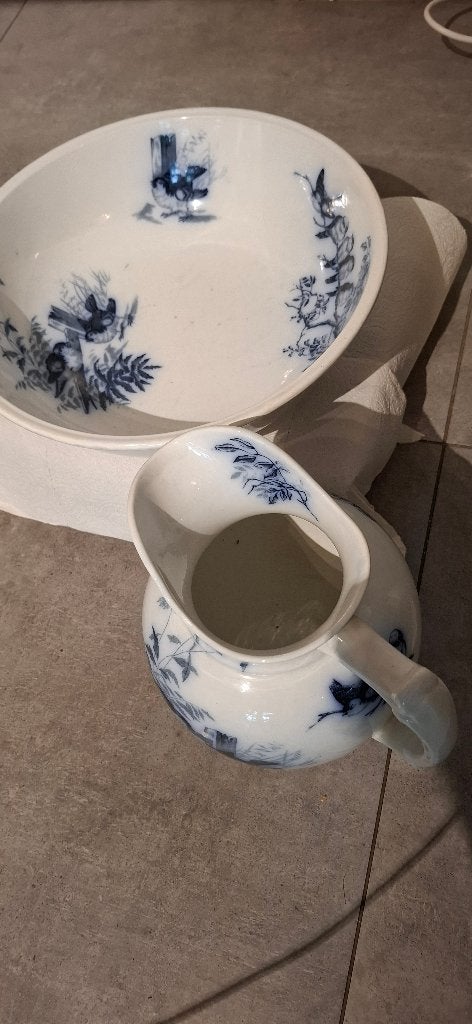 Antieke waskom en kan, blauw-wit decor, 38 cm doorsnede, Ophalen of Verzenden