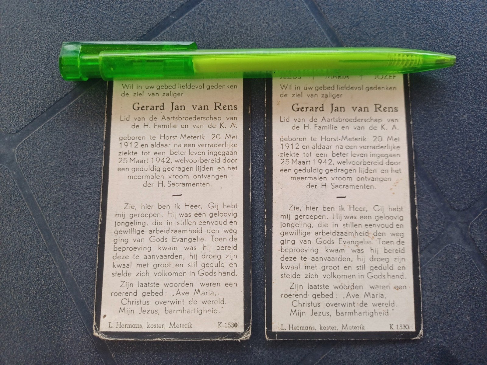 2x Bidprentje Horst Meterik Gerard Jan v Rens 1912 1942, Ophalen, Bidprentje