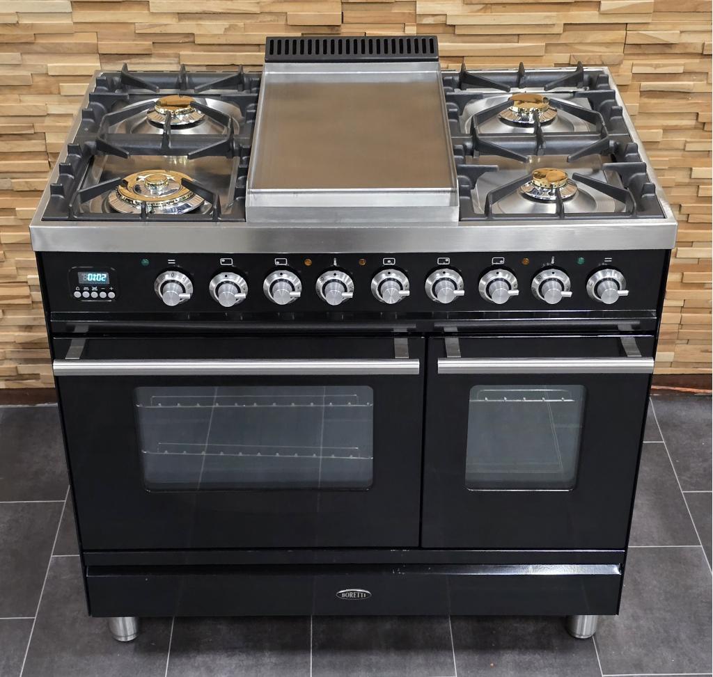 🔥Luxe Fornuis Boretti 90cm hoogglans zwart + rvs 2 ovens, Witgoed en Apparatuur, Fornuizen, Zo goed als nieuw, Vrijstaand, Gas