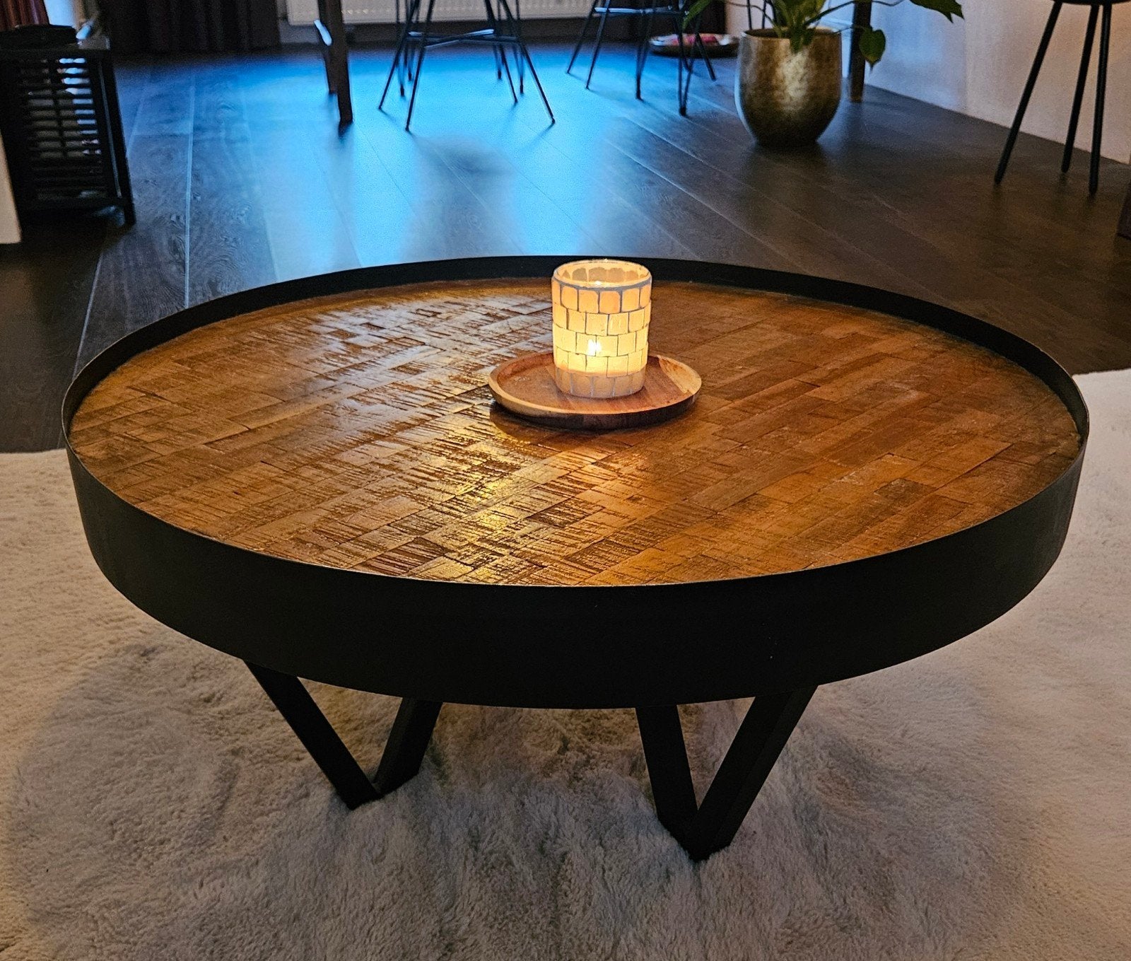 MOET WEG - Ronde salontafel met houten blad, Huis en Inrichting, Gebruikt, 50 tot 100 cm, Rond, 50 tot 100 cm