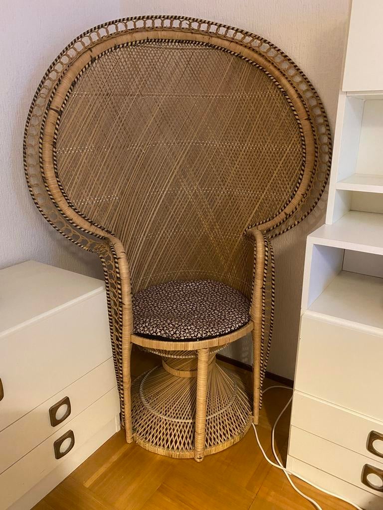 Vintage rieten/rotan pauwenstoel met vintage kussen, Ophalen, Gebruikt, Bruin, Riet of Rotan