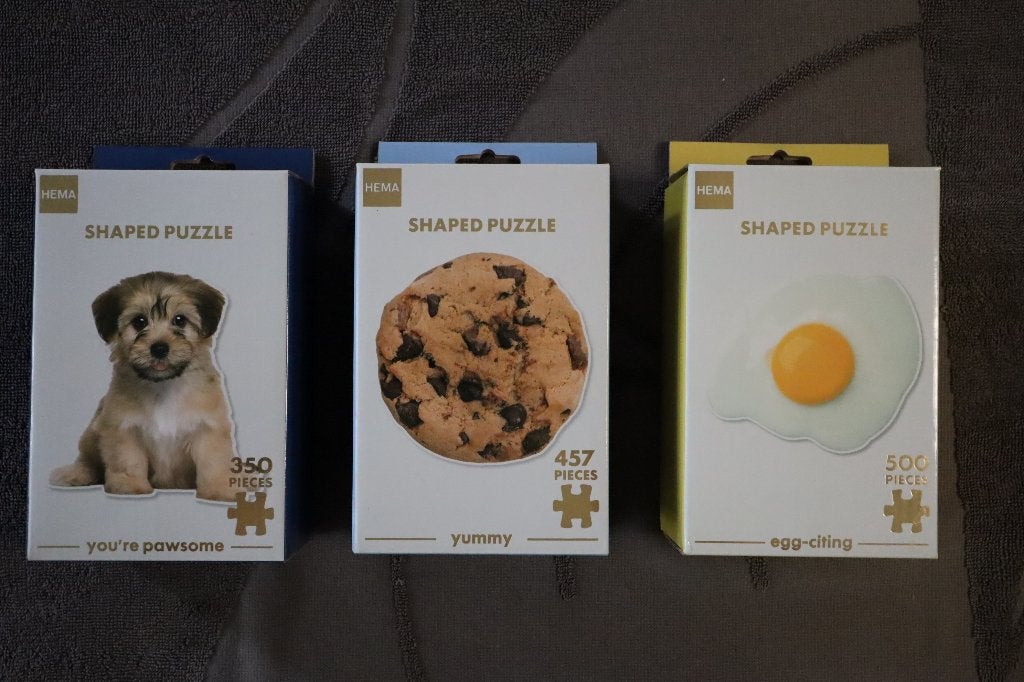 3 HEMA puzzels – shaped puzzles – compleet – als set, Ophalen of Verzenden, Minder dan 500 stukjes, Zo goed als nieuw, Legpuzzel
