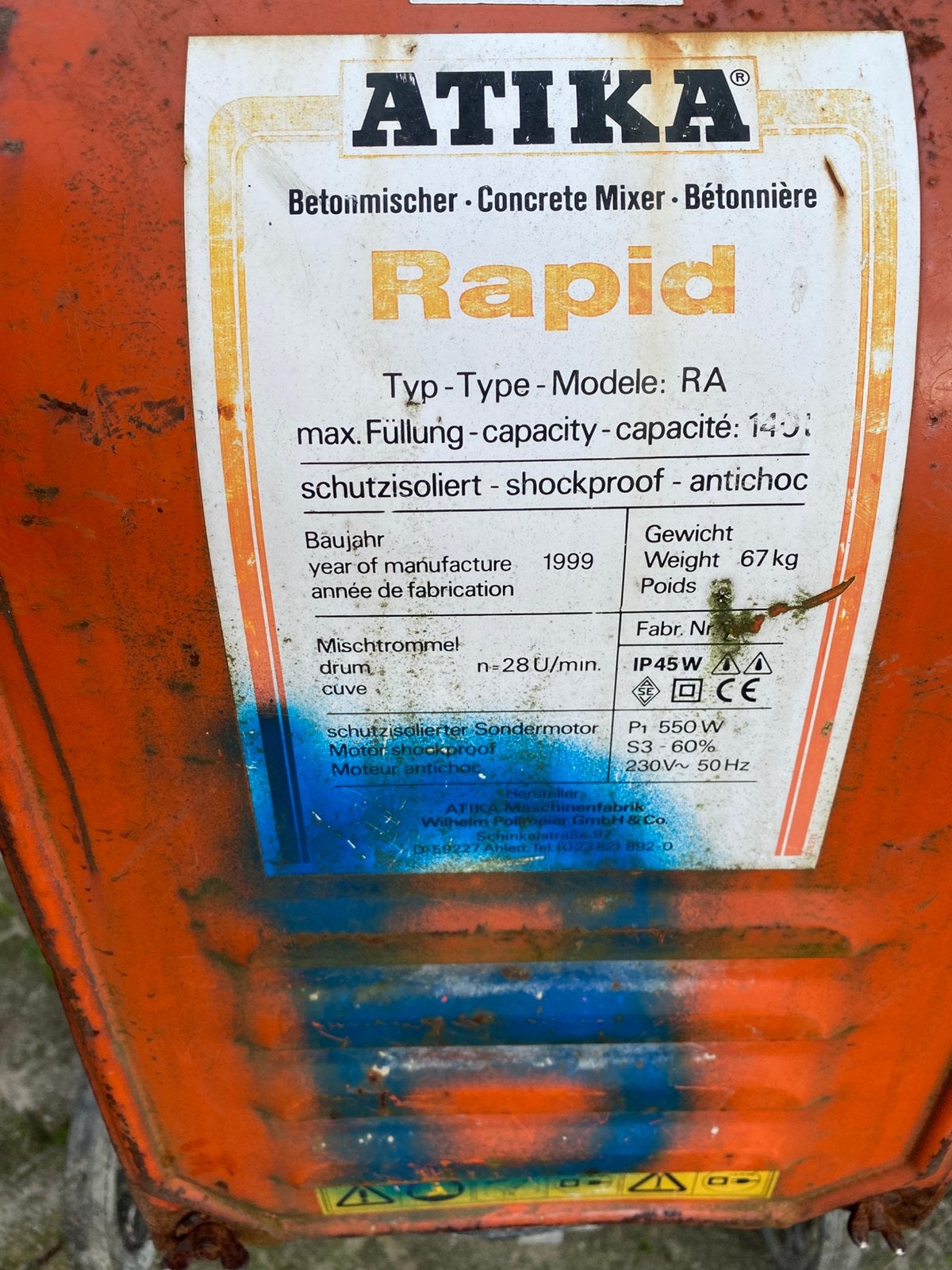 Atika betonmolen/ speciemolen, Ophalen, Gebruikt