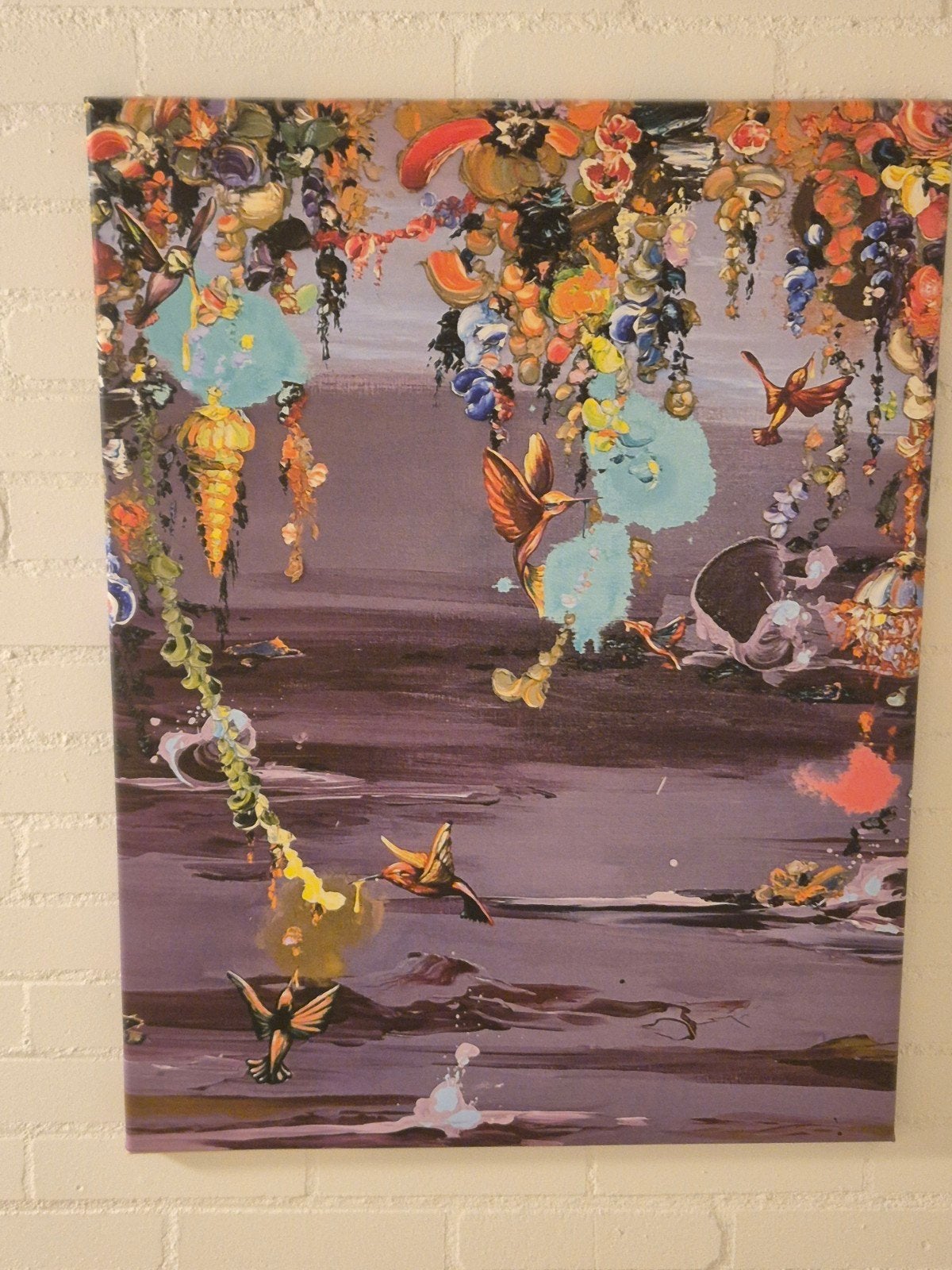 Schilderij met kleurrijke bloemen en vogels, Ophalen, Acrylverf, Op houten frame, Bloemen