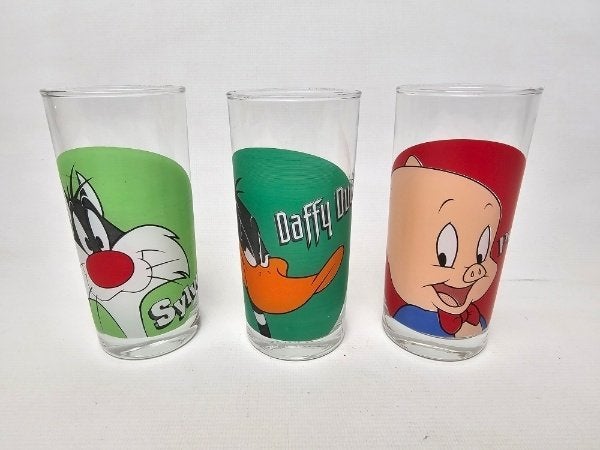 # 3 frisdrank glazen, Porky pig, Daffy Duck, Sylvester, Ophalen of Verzenden, Gebruikt, Frisdrankglas