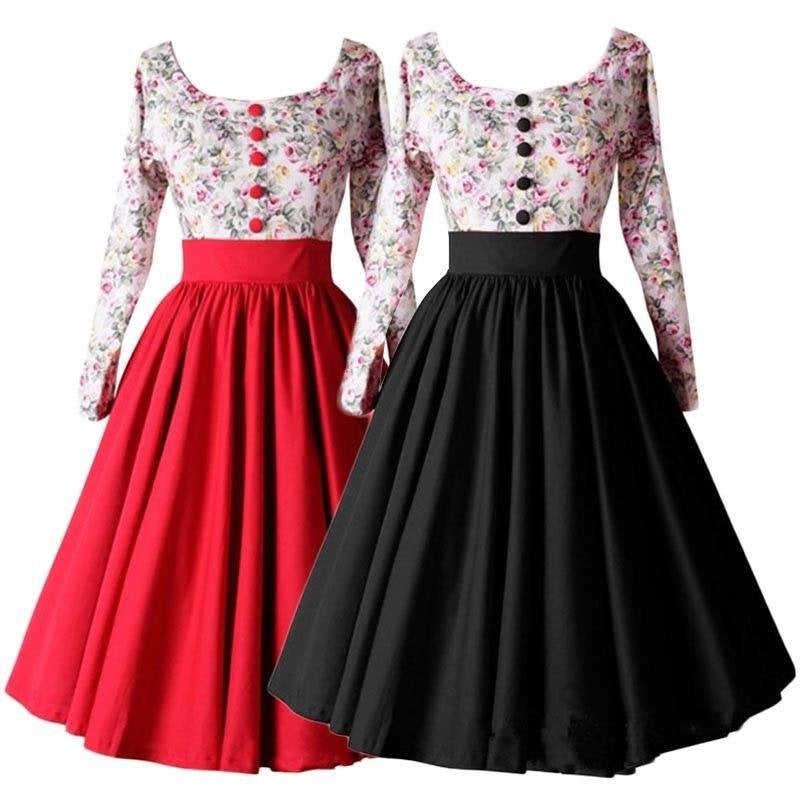 Rode zwarte bloemen rockabilly vintage jurk dames vrouwen, Verzenden, Nieuw, Meerkleurig, Knielengte