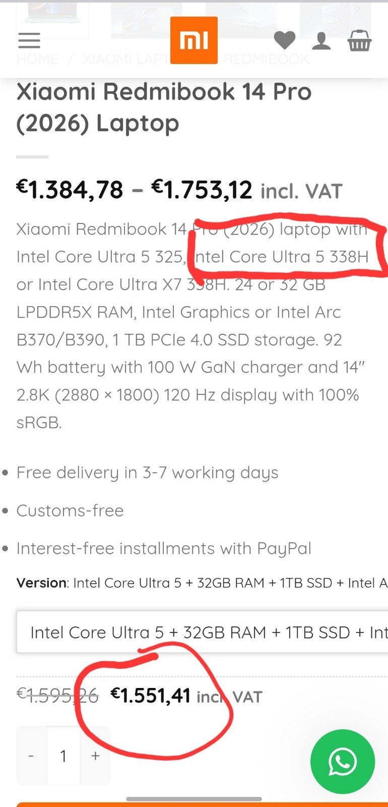 Ultra 5 338h - 32g-1T 2026 laptop 1.48kg Redmibook 14 Pro, Ophalen, Met videokaart, Xiaomi, Intel Core Ultra 5