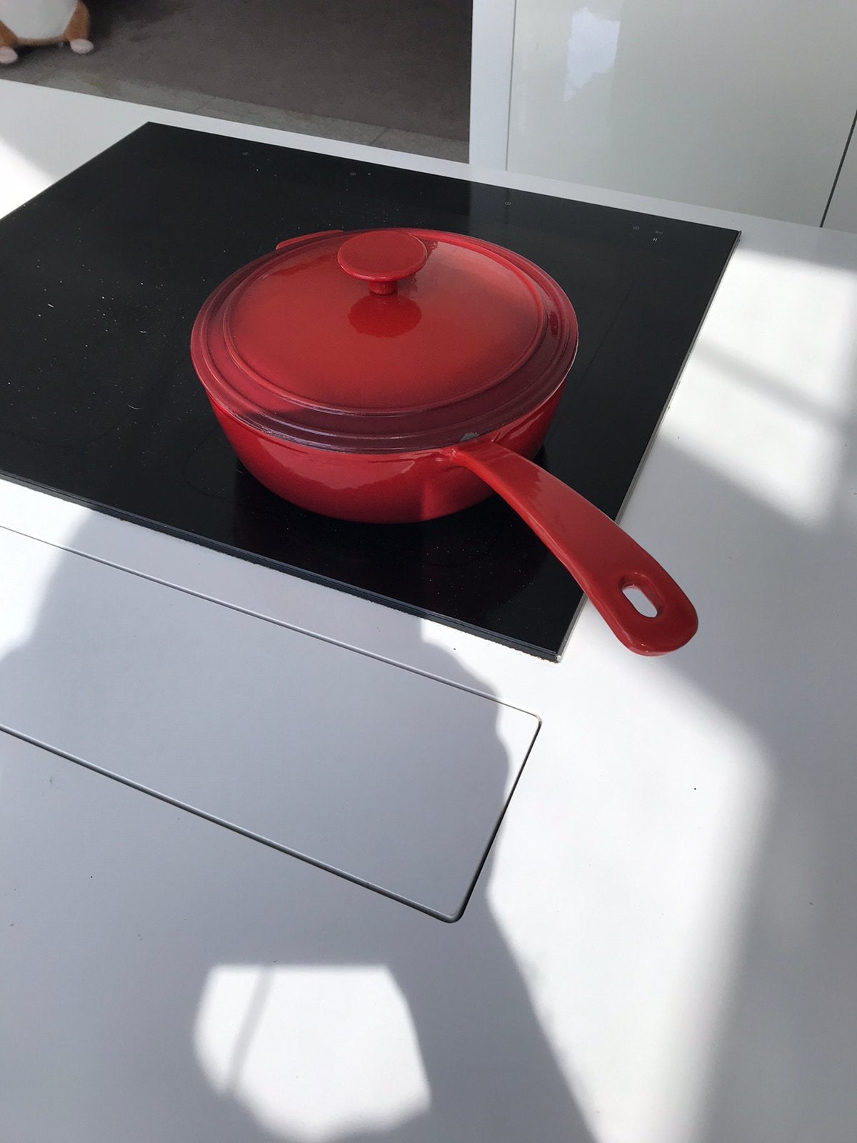 Nieuwe rode gietijzeren steel braadpan met gietijzer deksel, Ophalen, Gietijzer, Nieuw, Keramische plaat