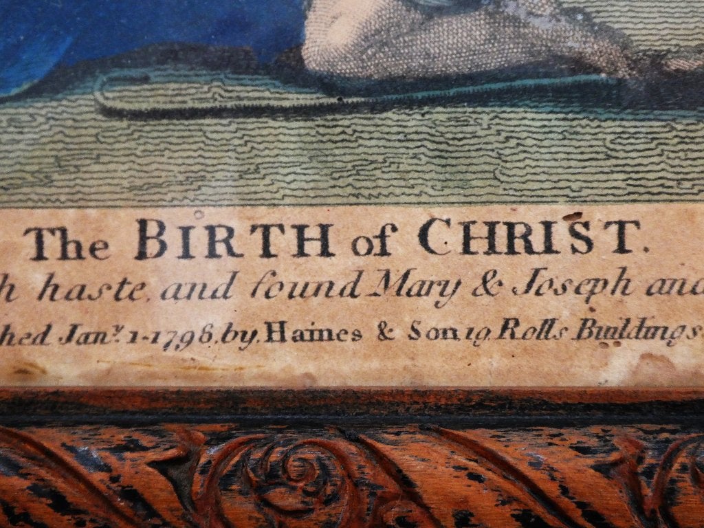 Britse gravure uit 1796 van The Birth of Christ kerststal, 26 cm, Religie, Ingelijst, Ophalen of Verzenden