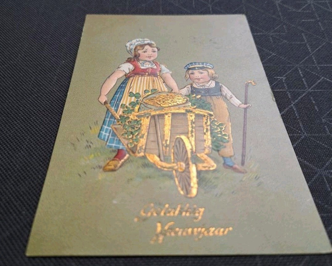 Vintage Reliëfkaart Nieuwjaar 1908 - Kinderen Kruiwagen Goud, Ophalen of Verzenden