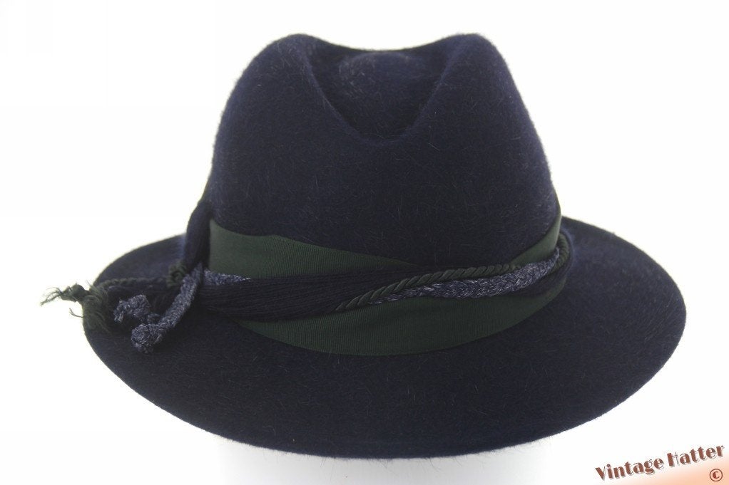 Vintage Dames jacht gleufhoed donker blauw haarvilt 56, Ophalen of Verzenden, Gedragen, 56 of 57 cm (M, 7 of 7⅛ inch), Hoed