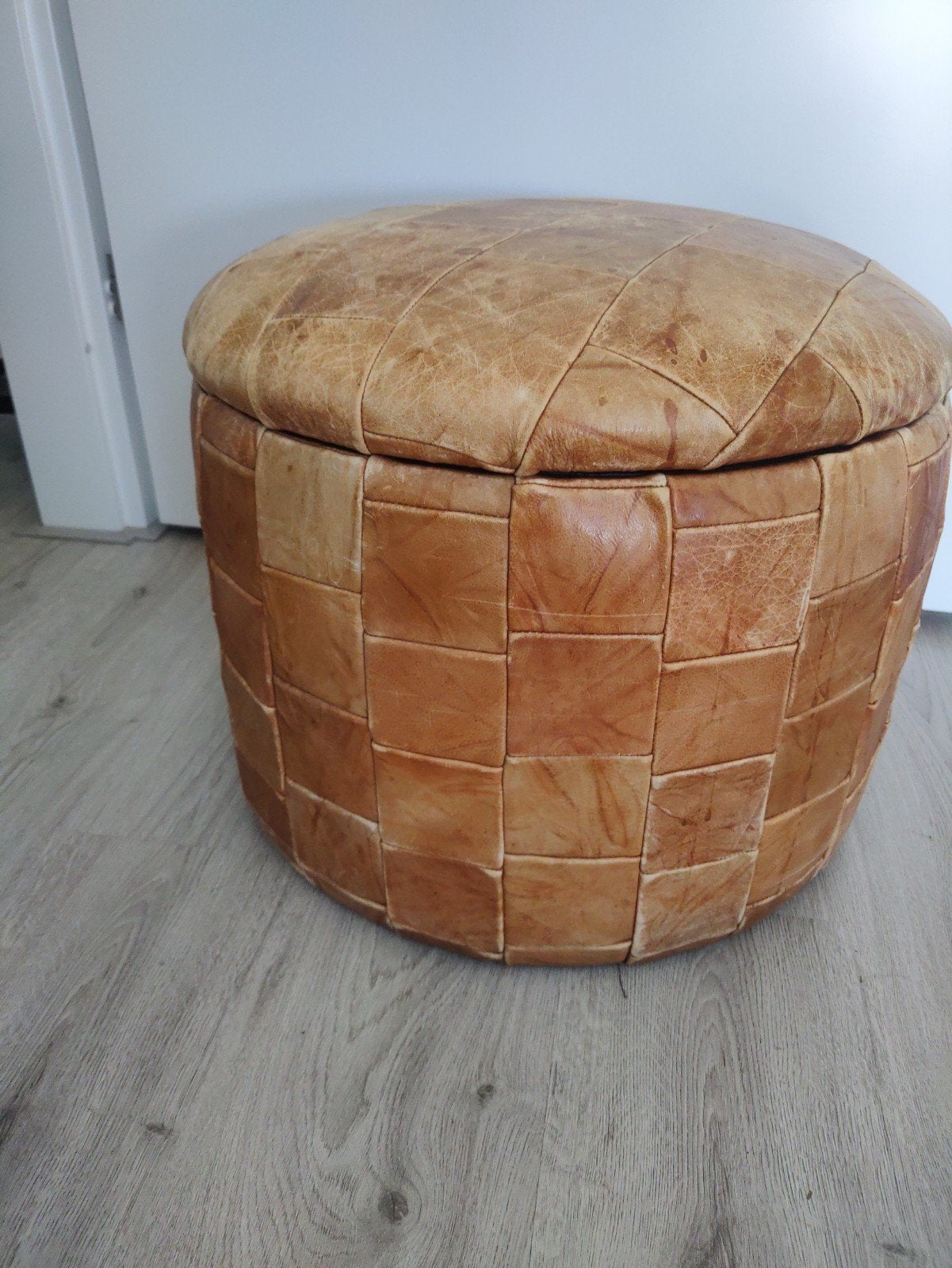 Retro lederen patchwork poef handgemaakt, Ophalen, Gebruikt, Rond, Leer