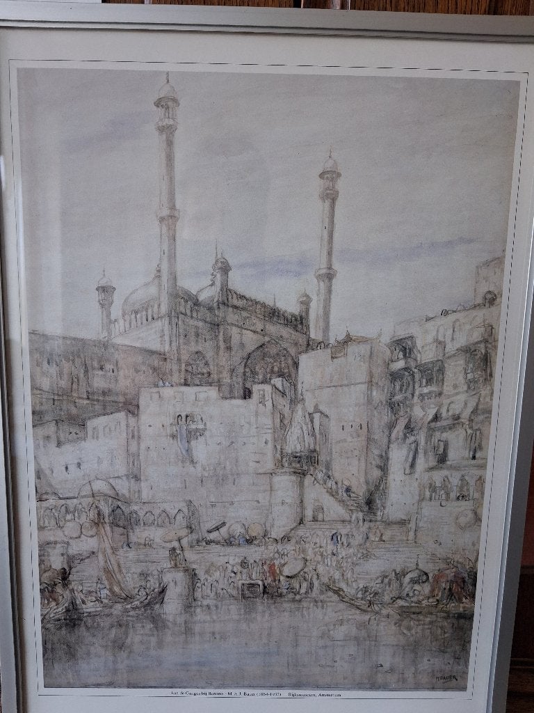 Reproductie olieverfschilderij Benares van Marius Bauer, Antiek en Kunst, Kunst | Schilderijen | Klassiek, Achter glas, Ophalen of Verzenden
