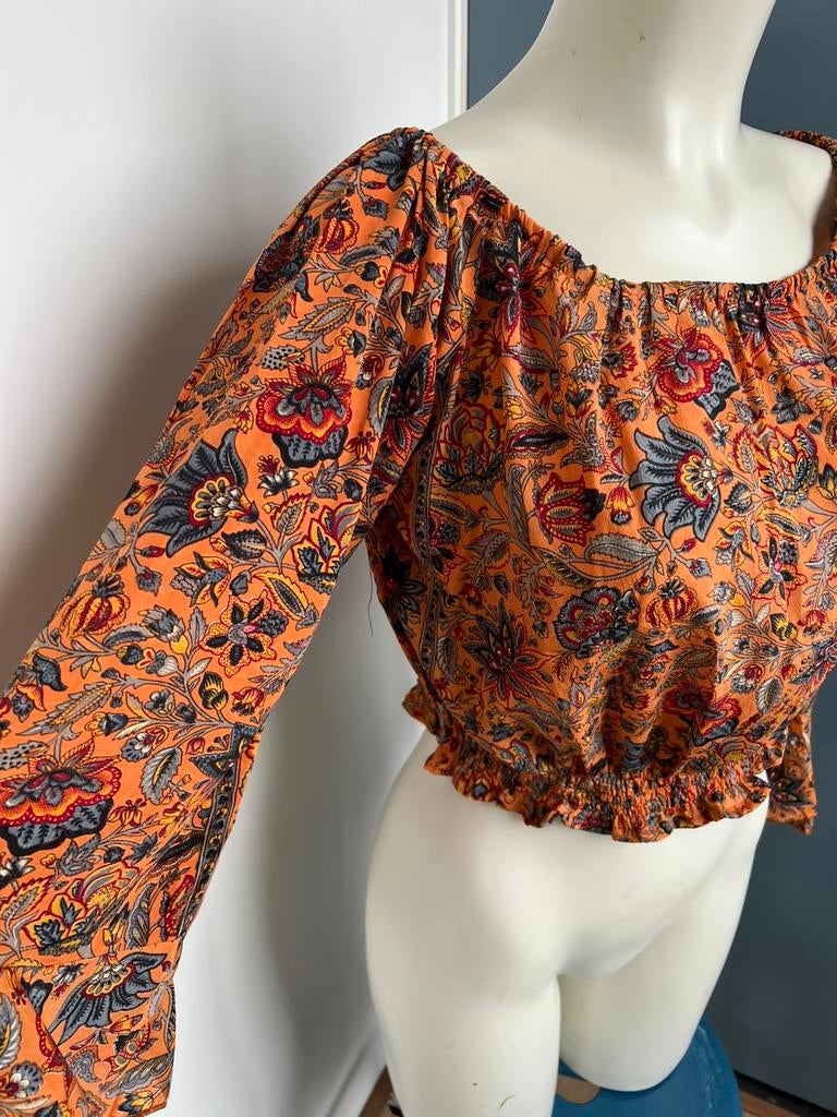 B&b oranje bloemen batik kort topje hippy gypsy l zijde, Maat 38/40 (M), Oranje, Ophalen of Verzenden, Zo goed als nieuw