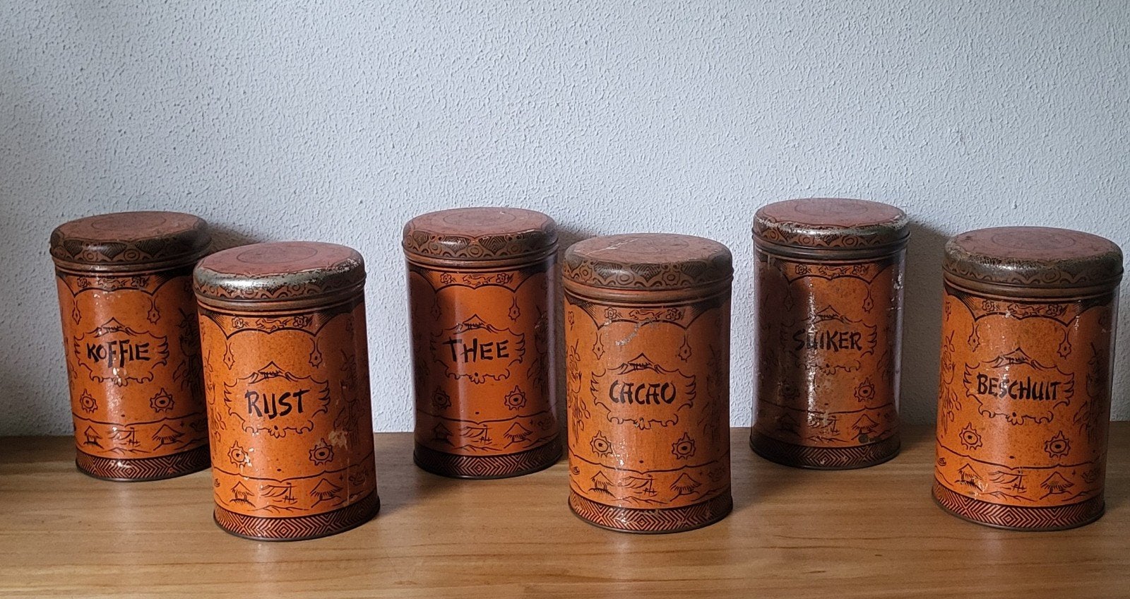 6 Oude bussen Koffie Thee Suiker Rijst Cacao Beschuit, Ophalen of Verzenden
