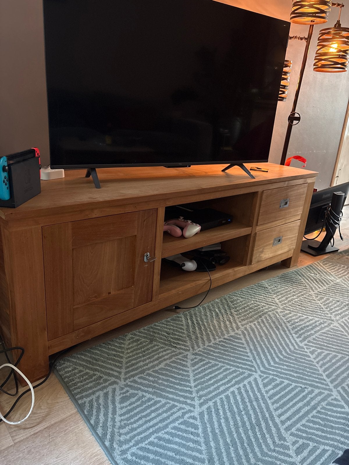 Teakhouten TV-meubel met opbergruimte, Ophalen, Gebruikt, 150 tot 200 cm, Teakhout