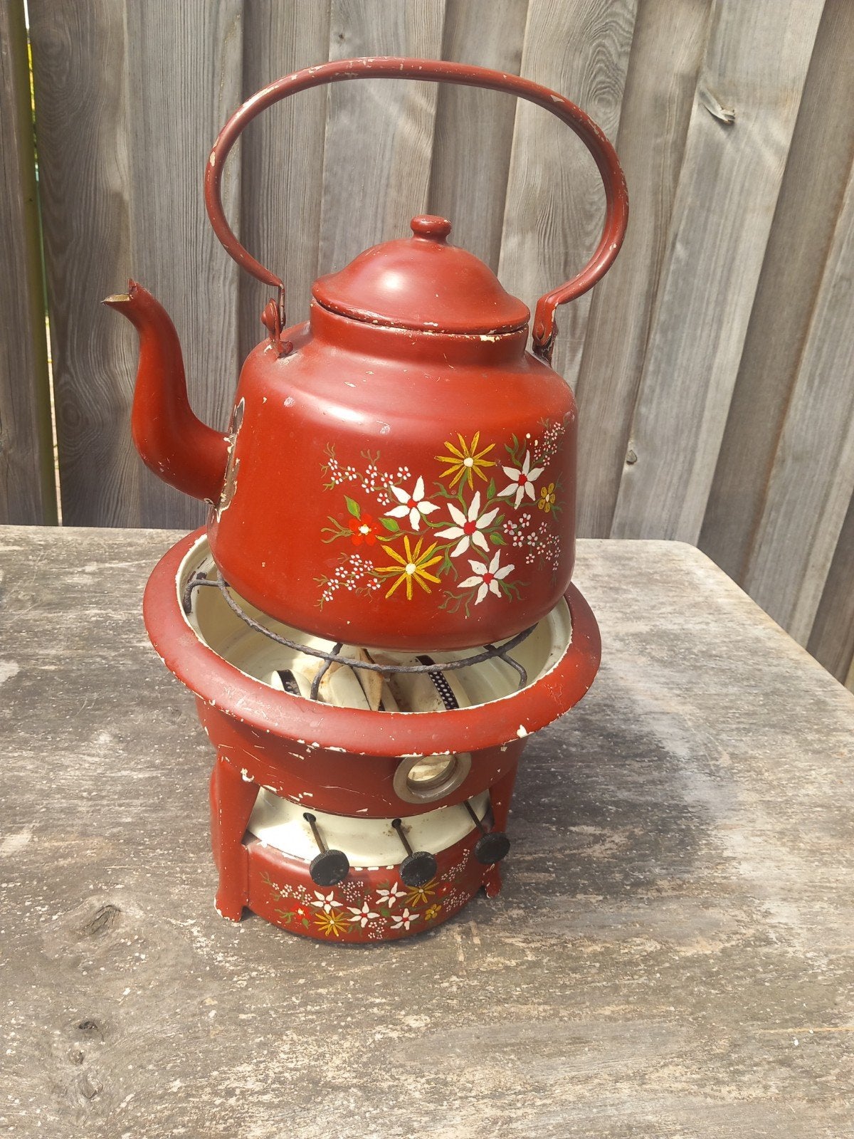 Vintage Rode Petroleumset Theepot met Warmer - Bloemenmotief, Ophalen of Verzenden