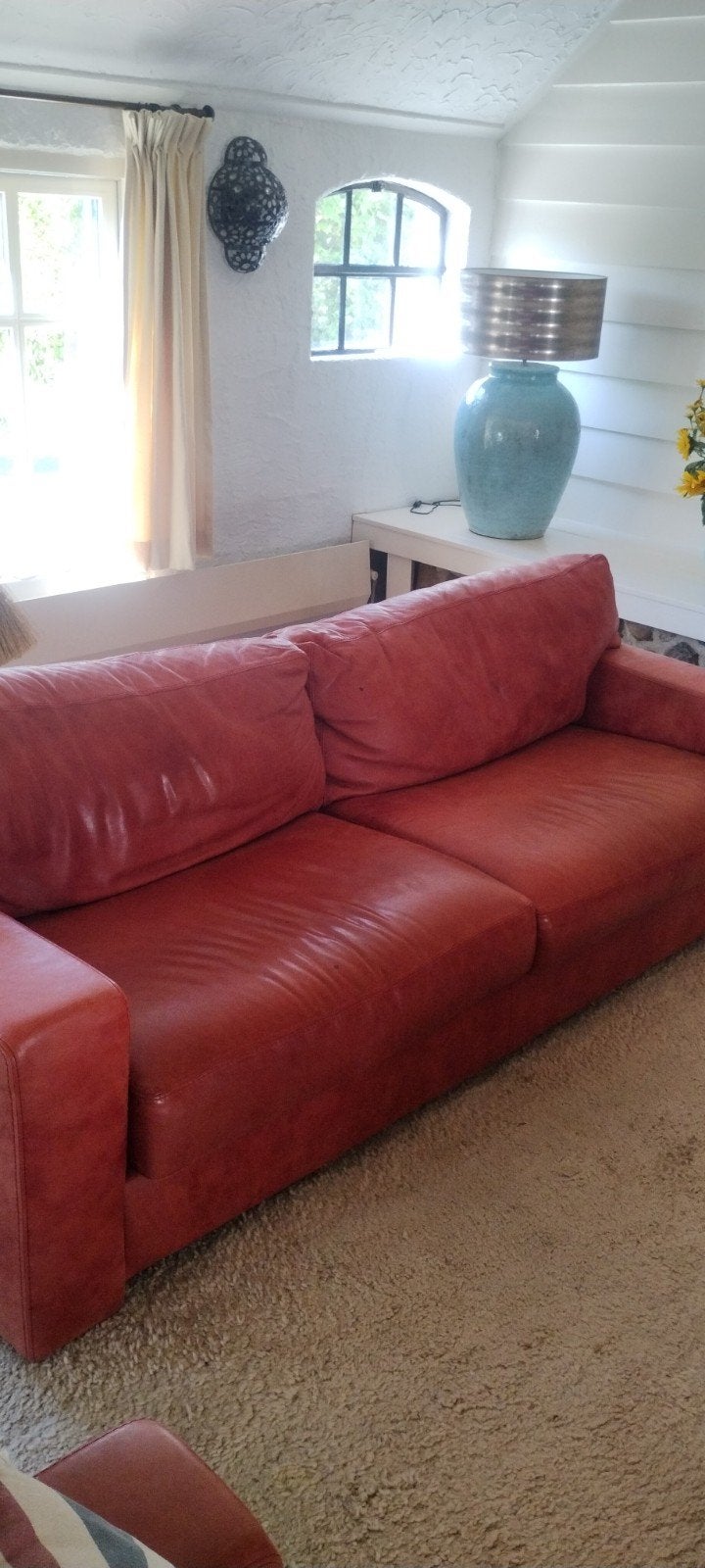 Leren bank en fauteuil., Ophalen, Gebruikt, 75 tot 100 cm