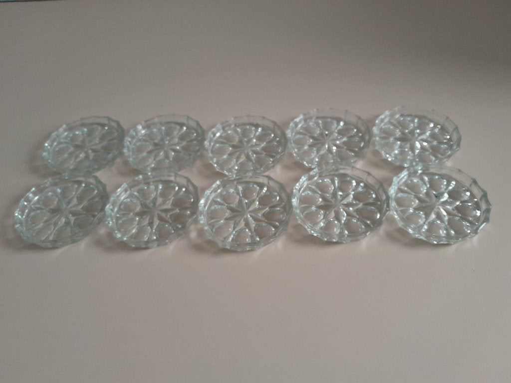 Onderzetters van glas, Kelkebakjes Leerdam 10 stuks, Gebruikt, Glasonderzetter, Stapelbaar, Ophalen of Verzenden
