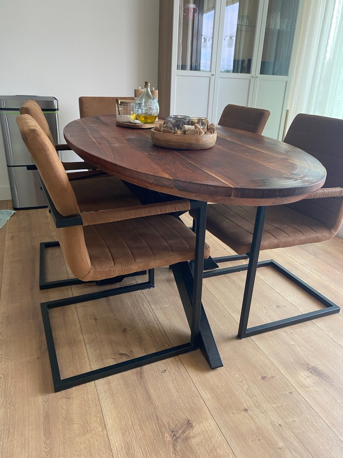 Ovale acaciahouten eettafel 180x90 cm, in lijnolie, Ophalen, Gebruikt, 50 tot 100 cm, 150 tot 200 cm
