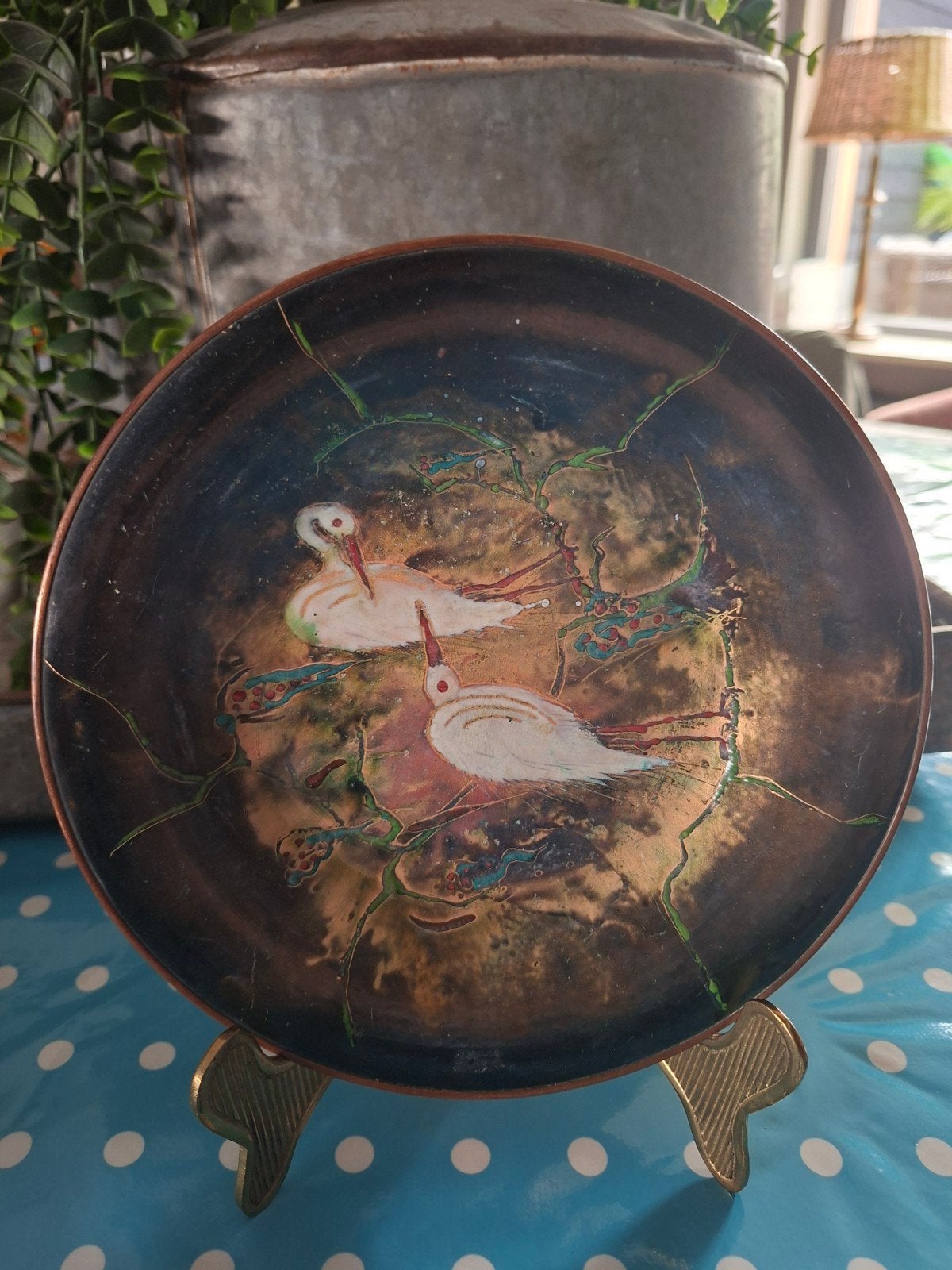 Vintage koperen schaal met reiger decoratie, Sagitta Holland, Ophalen of Verzenden