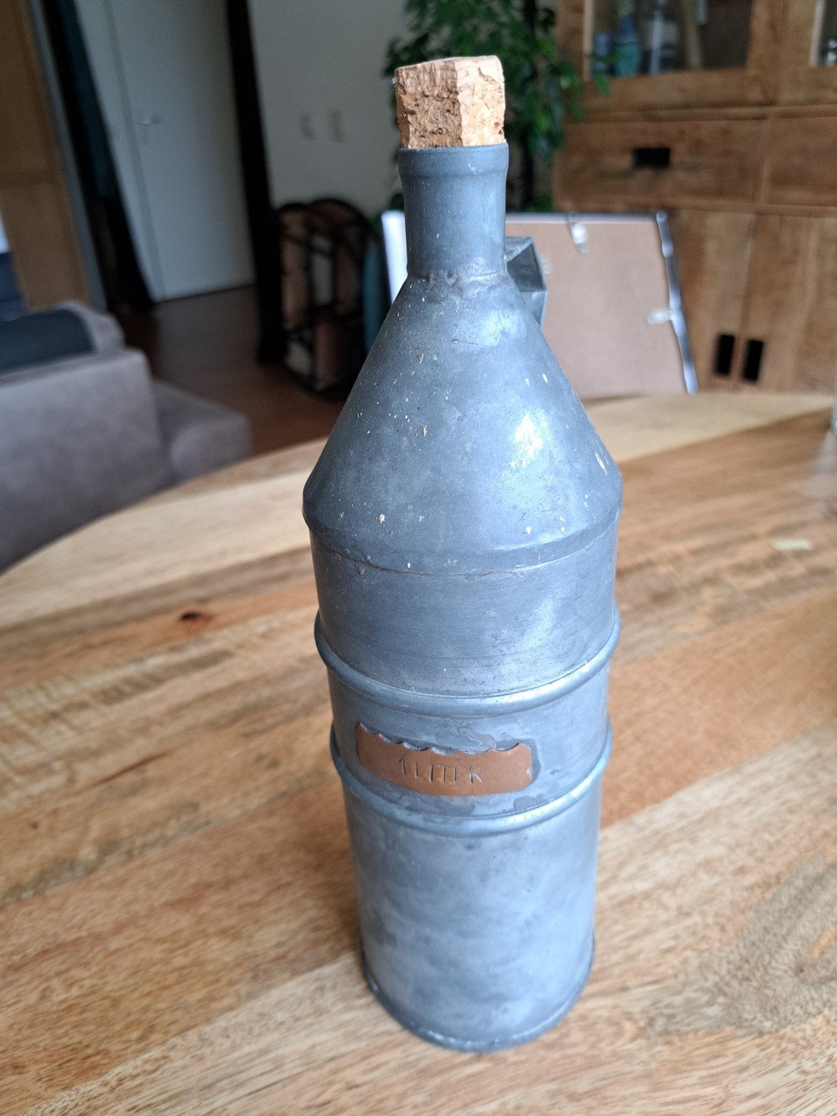 Vintage tinnen fles met kurk - Decoratief item, Antiek en Kunst, Ophalen of Verzenden