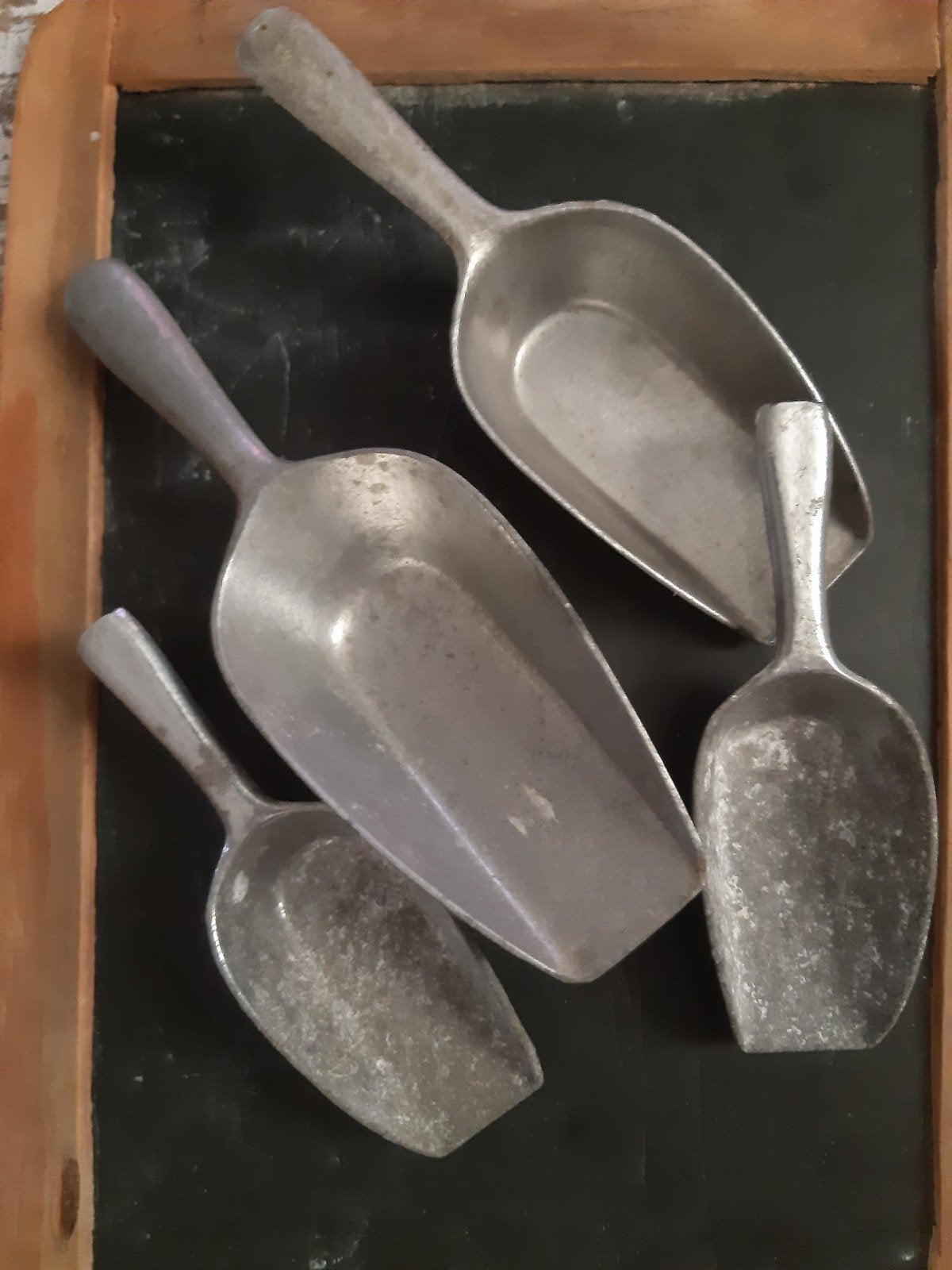Lot zinken voorraad-, grutterschepjes,patina stoer brocante, Ophalen of Verzenden