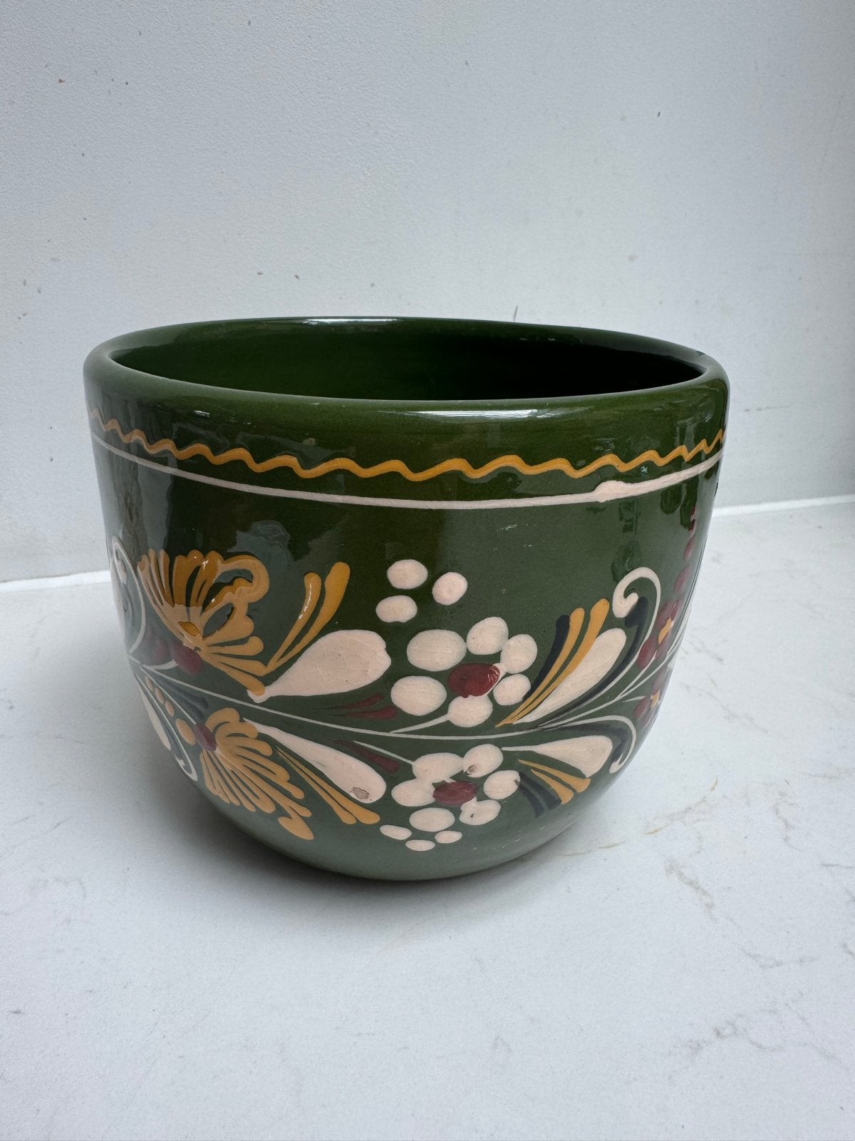 Groene bloempot met handgeschilderde bloemen, Antiek en Kunst, Ophalen of Verzenden
