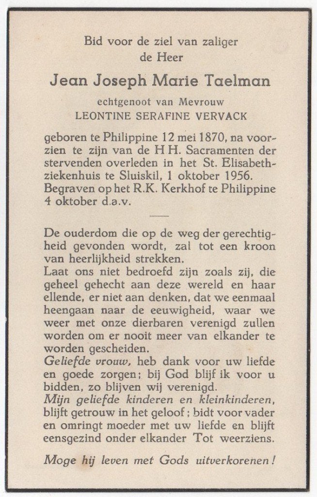 Jean J.M. Taelman 1870 Philippine + 1956 Sluiskil, 86 jaar, Verzenden