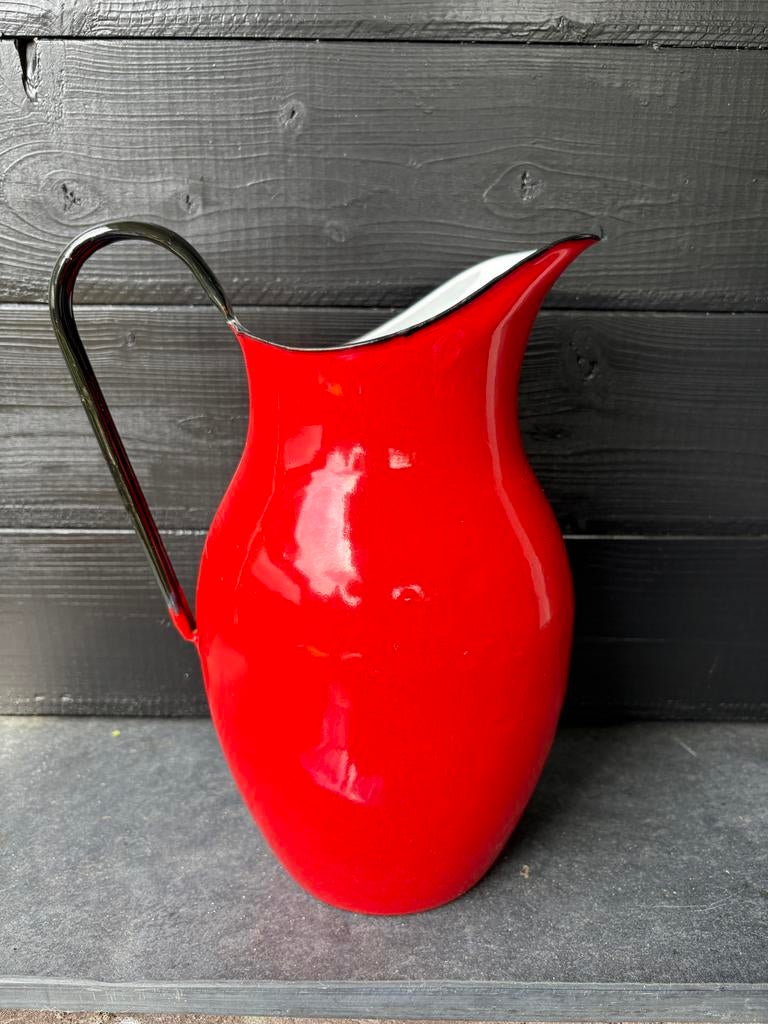 Nr.12.Vintage rode emaille kan met zwart handvat, Antiek en Kunst, Antiek | Emaille, Ophalen of Verzenden