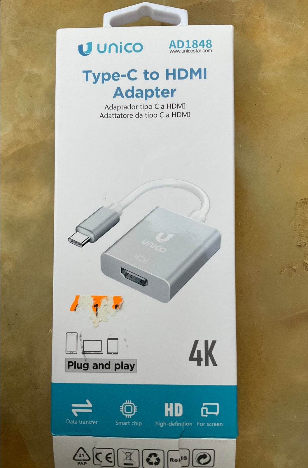 Unico Type-C naar HDMI Adapter 4K, Audio, Tv en Foto, Audiokabels en Televisiekabels, Zo goed als nieuw, HDMI-kabel, Minder dan 2 meter