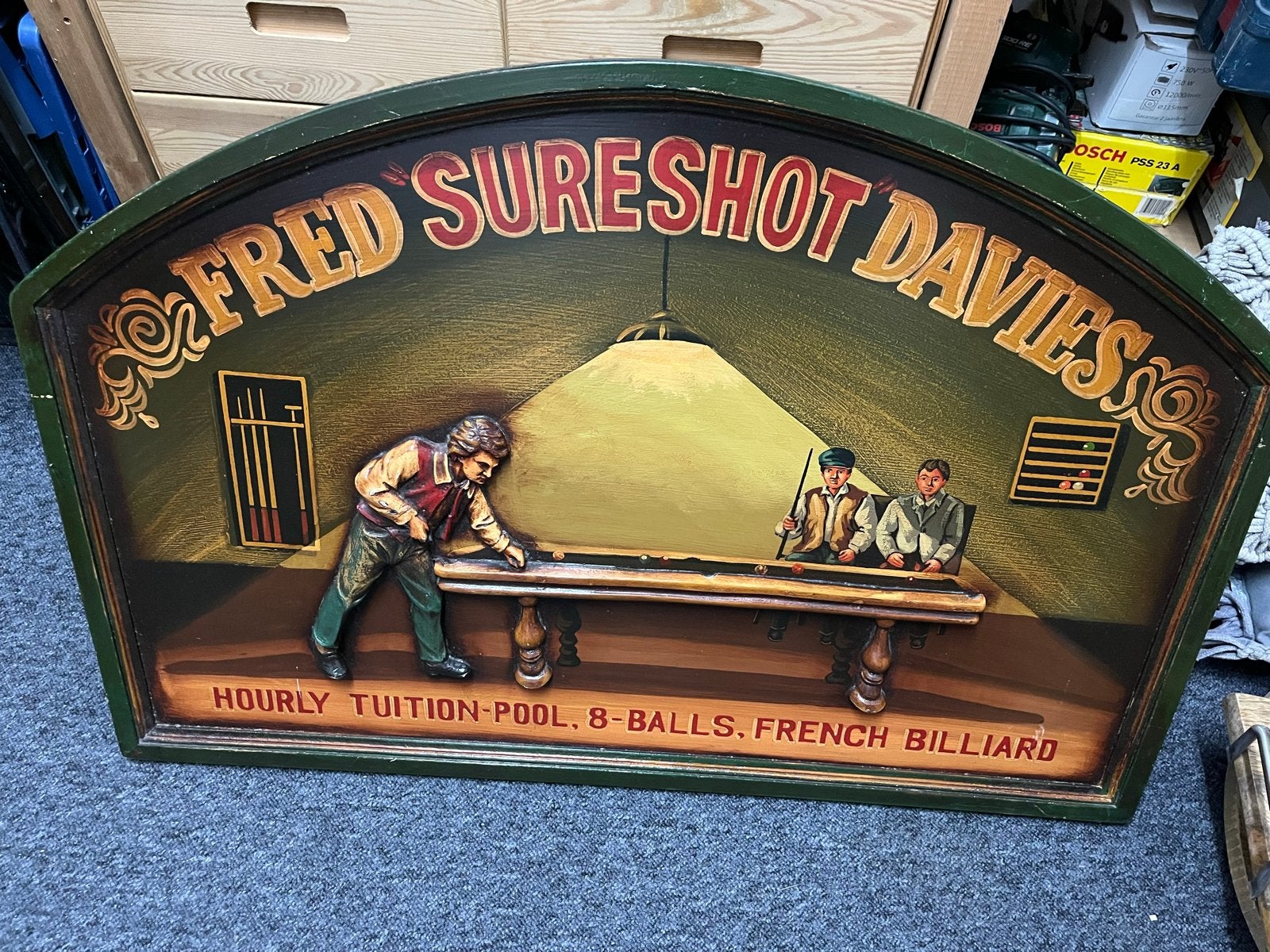 Mancave decoratie: Fred Sureshot Davies biljartbord, Sport en Fitness, Biljarten en Poolen, Ophalen of Verzenden, Gebruikt, Overige typen