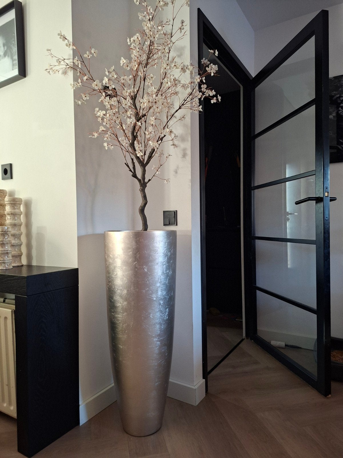 Parelmoer vaas champagnekleurig 90 cm met kunstboom, Ophalen, Zo goed als nieuw, Inclusief decoratie, Goud