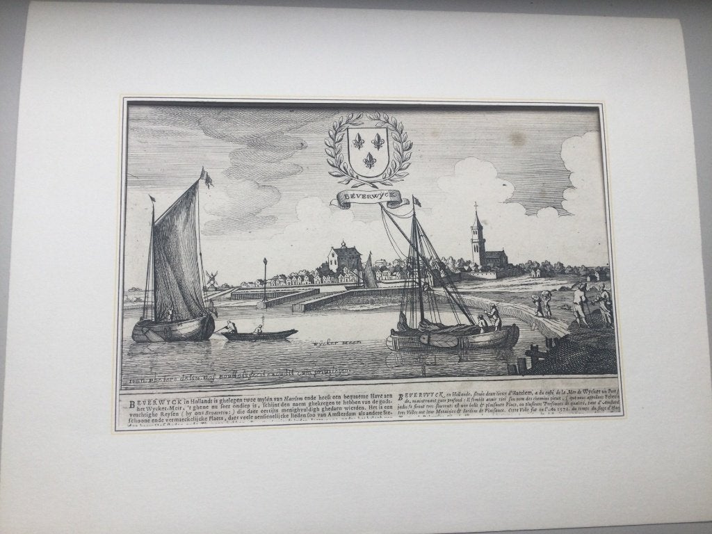 Beverwijk, aanzicht, 1674, Antiek en Kunst, Stadsgezicht, 19 cm, 1600 - 1699, Met tekst