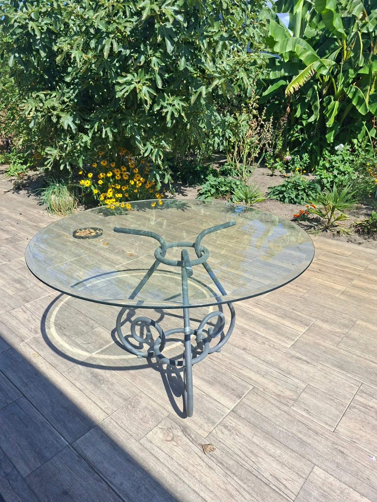 Metalen tuinset met glazen tafel en 4 stoelen, Gebruikt, Ophalen of Verzenden, Tuinset, Eettafel