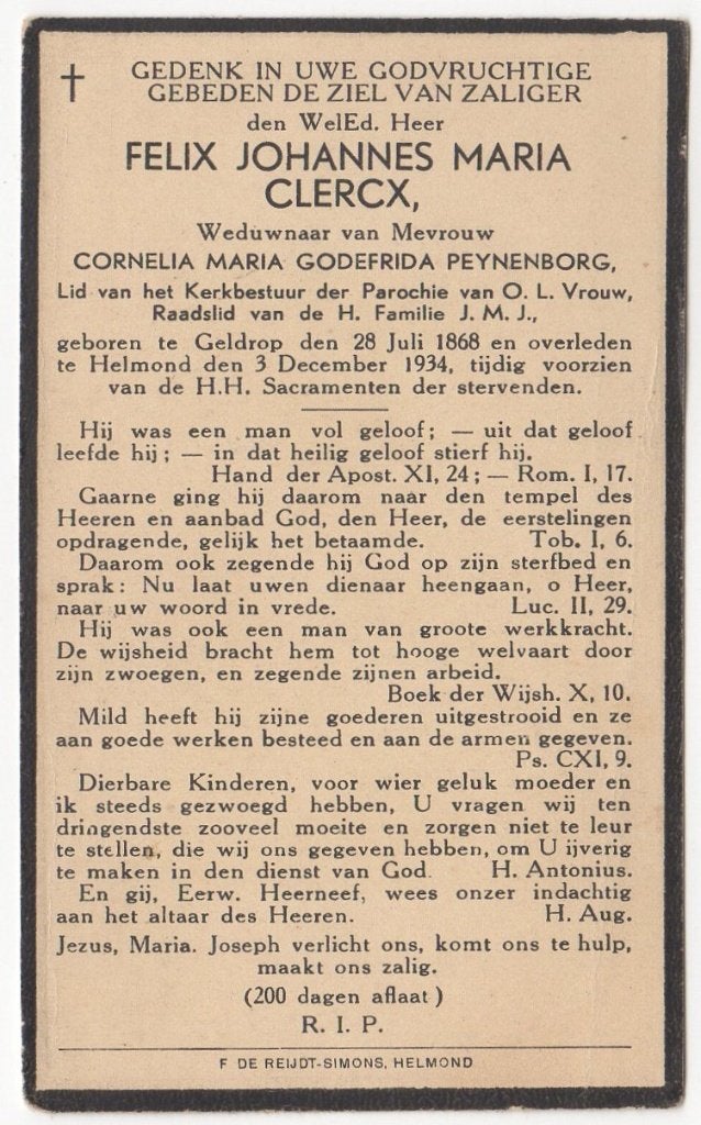Felix J.M. Clercx 1868 Geldrop + 1934 Helmond, 66 jaar oud, Ophalen of Verzenden