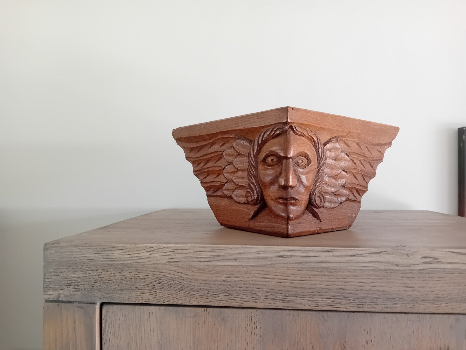 Massief eikenhout Houtsnijwerk: Engel Gezicht met Vleugels, Antiek en Kunst, Ophalen, Overige onderwerpen, Houtsnijwerk, Minder dan 20 cm