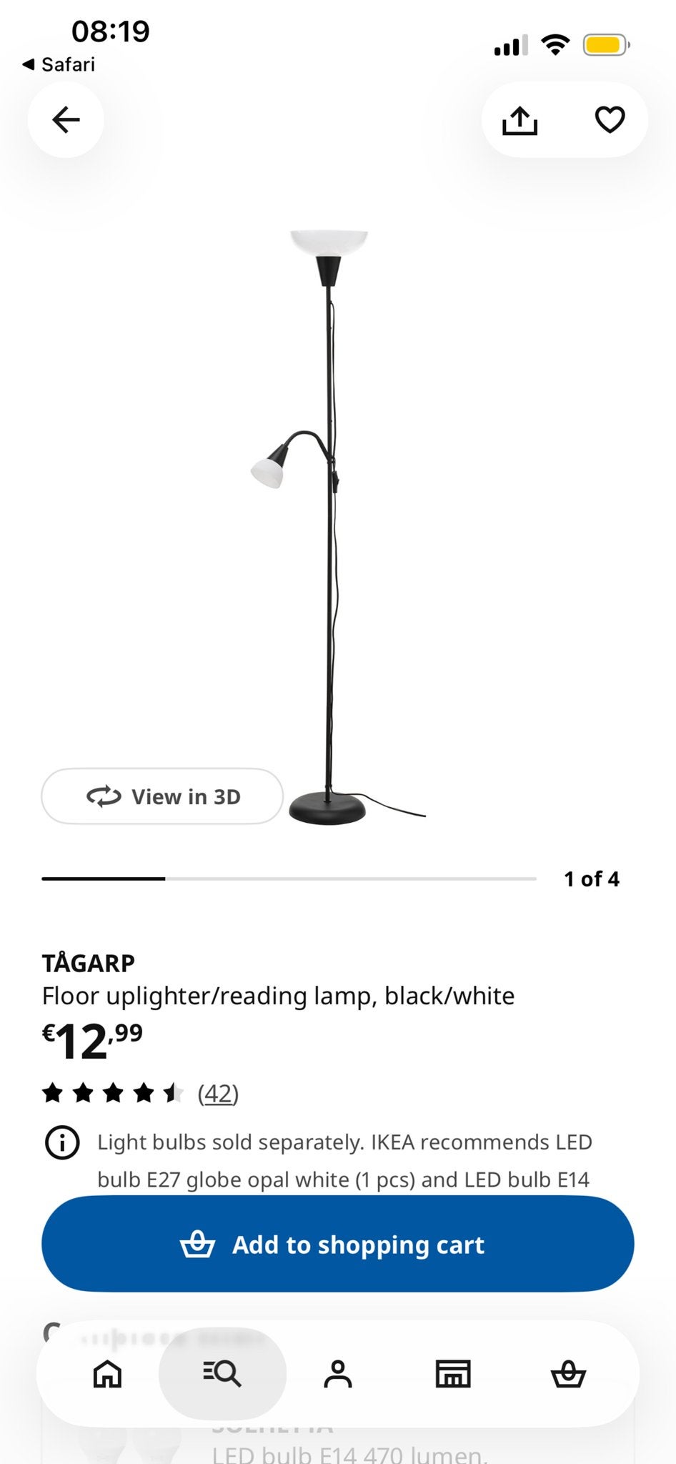 IKEA TÅGARP Vloerlamp/leeslamp, zwart/wit, Huis en Inrichting, Ophalen of Verzenden, Zo goed als nieuw, Kunststof, E27 (groot)