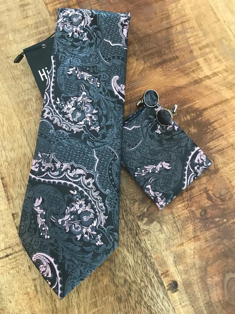 100% zijde Stropdas Pochet Manchetknopen Roze Grijs -NIEUW-, Ophalen of Verzenden, Nieuw, Roze, Met patroon