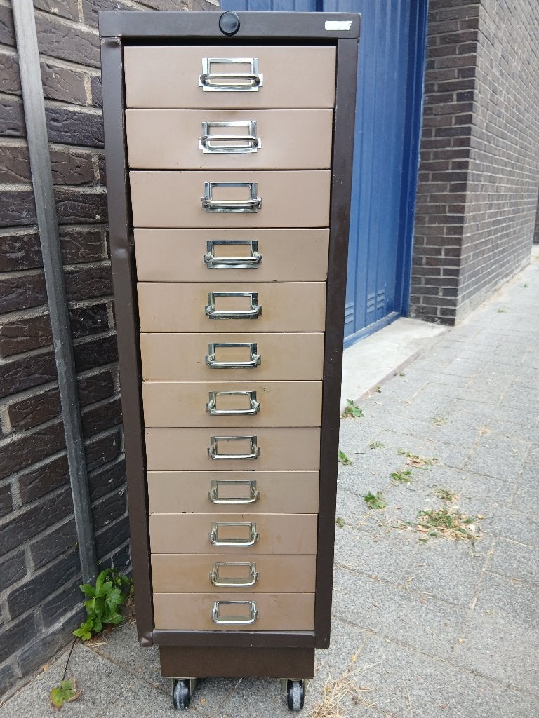 Vintage ladenkast metaal 4 wielen 12 laden 98x42x29 cm Hxbxd, Ophalen, Gebruikt, 50 tot 100 cm, 3 of 4 laden
