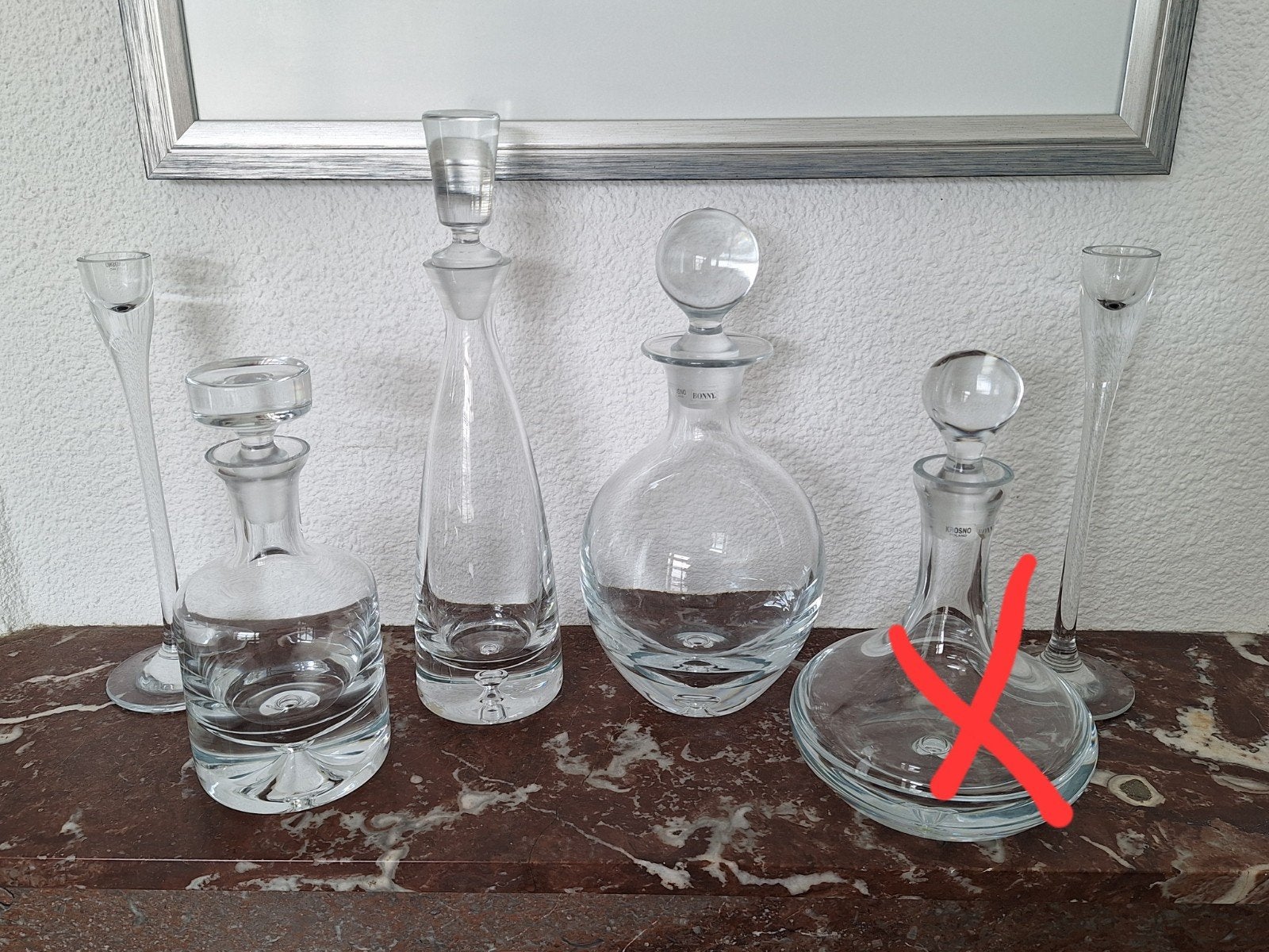 3 karaffen en 2 kandelaars van Krosno Poland, Verzamelen, Glas en Borrelglaasjes, Overige typen, Ophalen of Verzenden