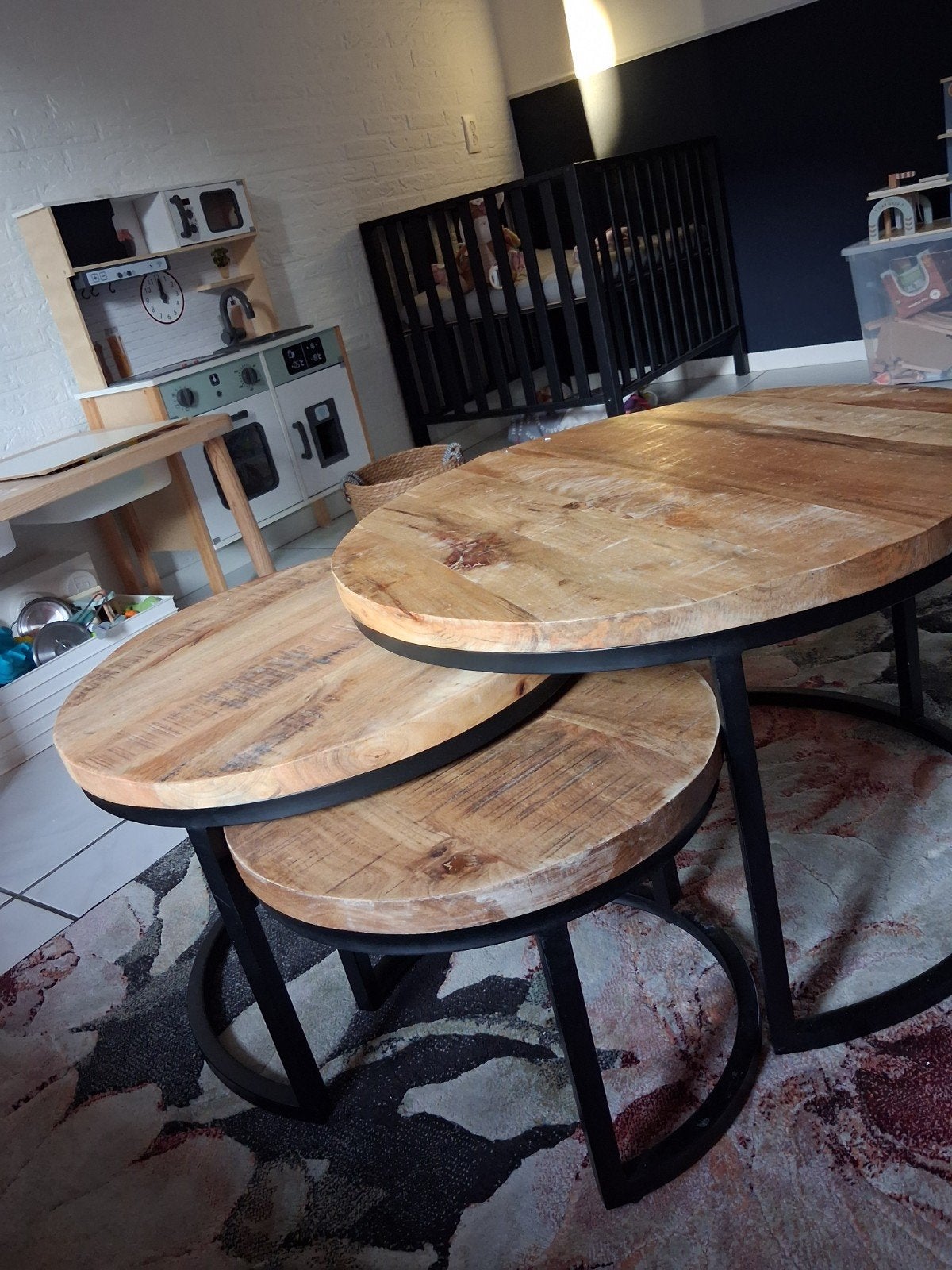 Set van 3 salontafels, mangohout en metaal, Huis en Inrichting, Tafels | Salontafels, 50 – 75, Gebruikt, 50 tot 100 cm, Industrieel, Landelijk