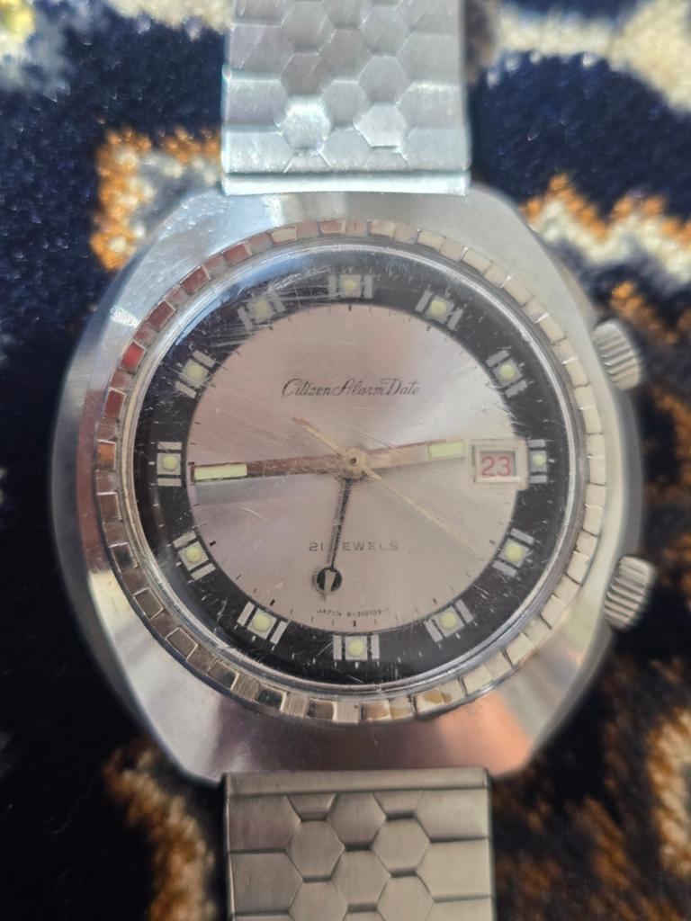 Zeldzame Vintage Citizen Alarm Date "Parawater" (63-7050) -, Ophalen of Verzenden, Staal, Citizen, 1960 of later