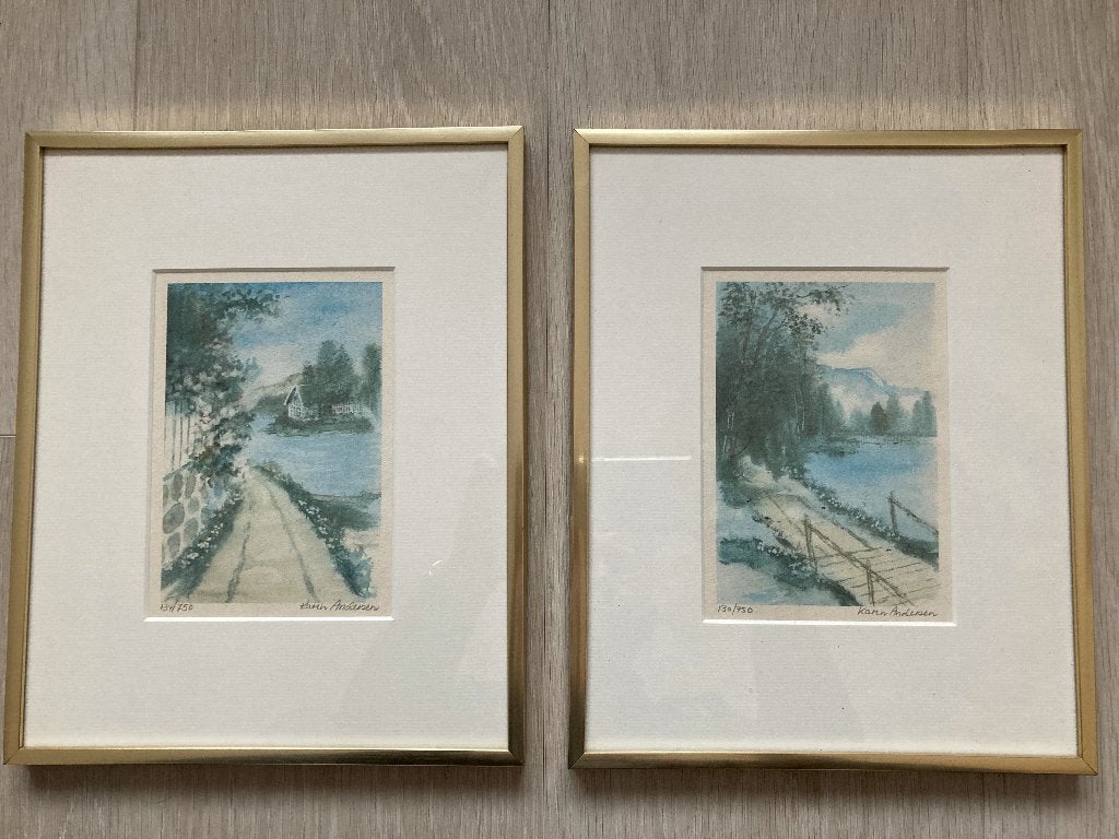 2 ingekleurde litho’s - Karin Andersen - prachtige staat, Ophalen, Overige stijlen, Landschap, Origineel werk