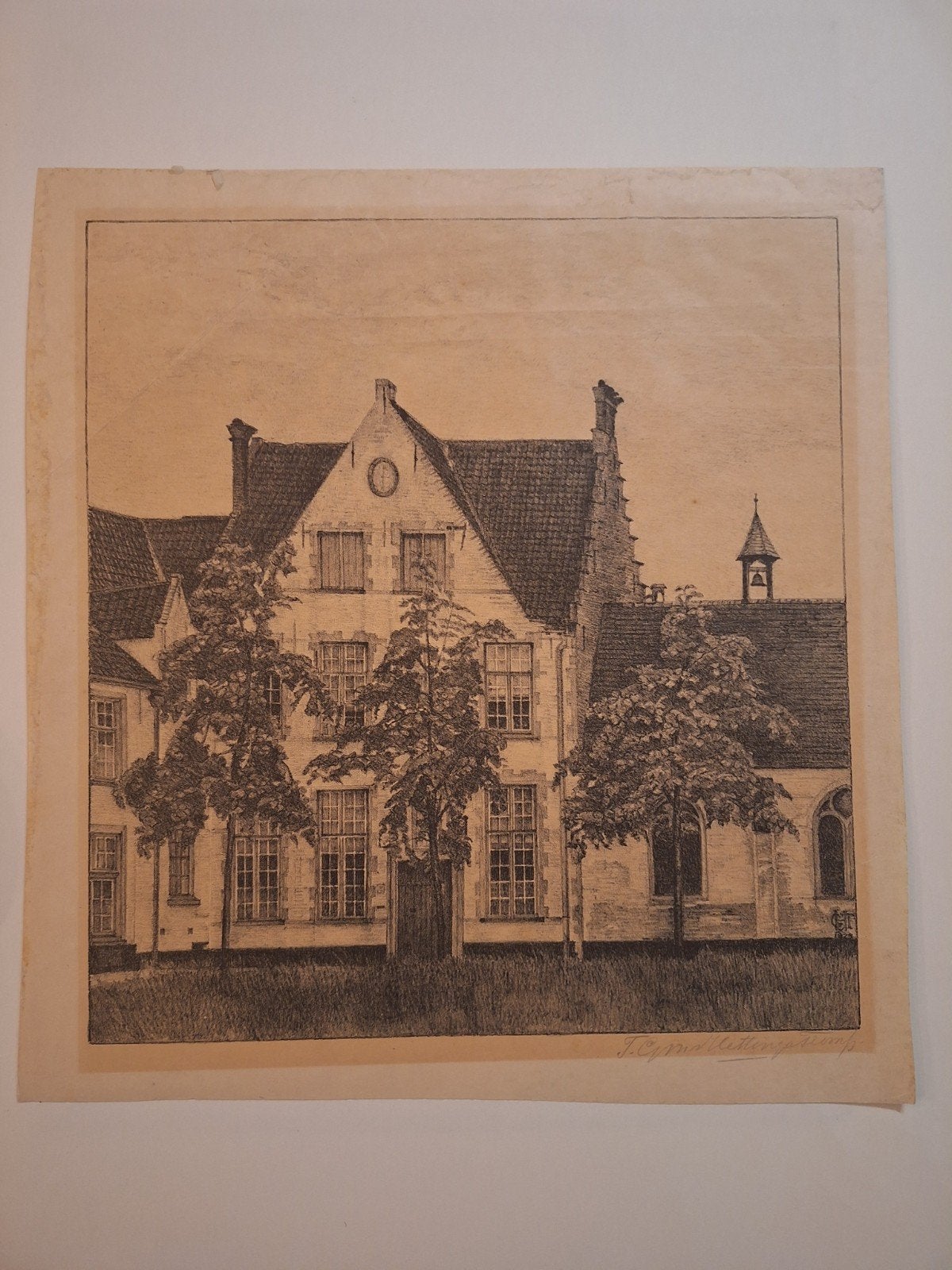 Litho door J.C. Rogge: Historisch Gebouw met Bomen, Ophalen of Verzenden